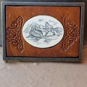 Eskimo and Walrus Scrimshaw Style Leather Belt Buckle